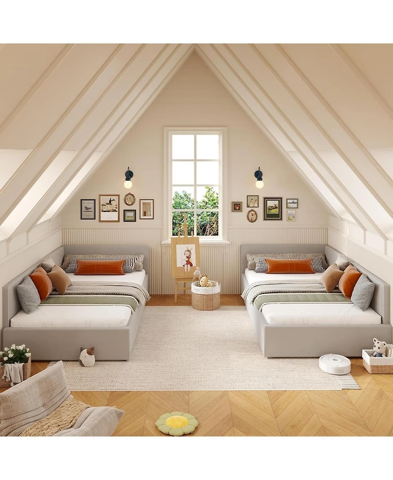 gaomon Twin daybed with headboard, Corner Bed Frame Rails, Velvet Upholstered Sofa Guardrail for Bedroom, Guest Room