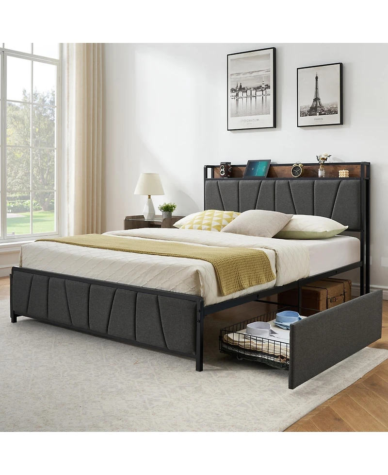 gaomon Full Bed Frame with 2 Storage Drawers, Charging Station