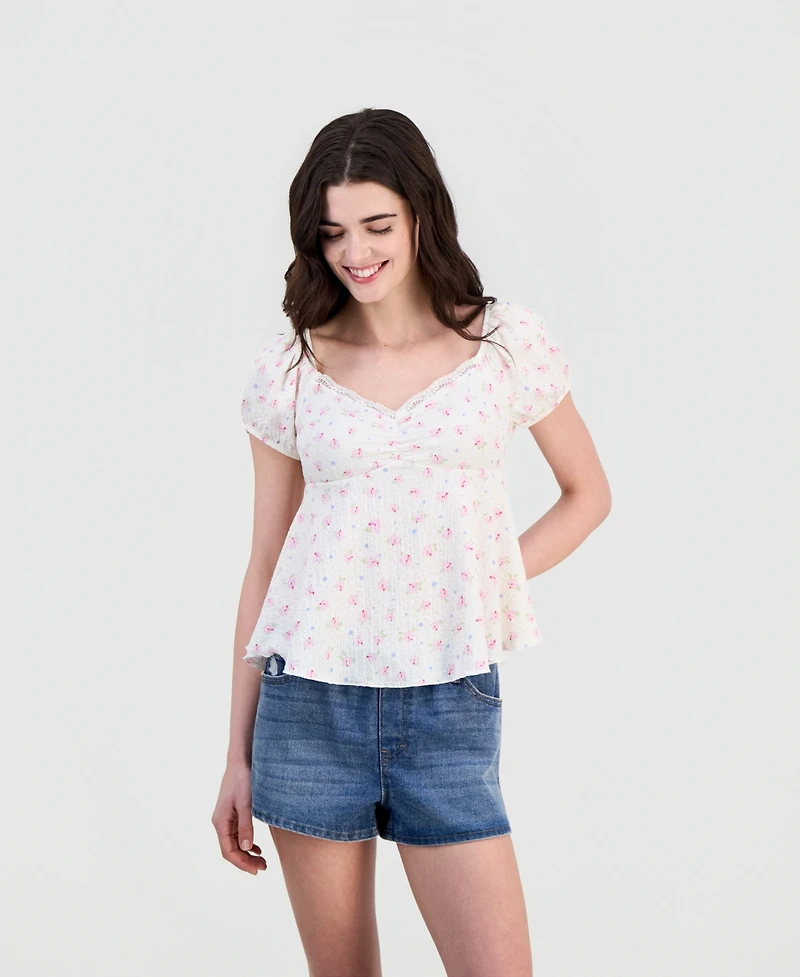Hippie Rose Juniors' Puff-Sleeve Peplum Top