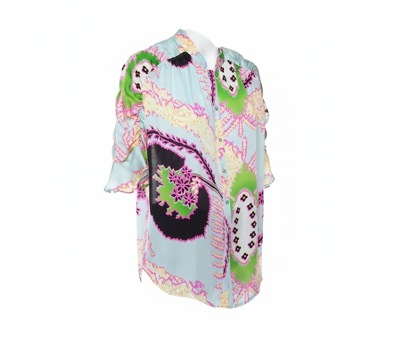 Pre-Owned Roberto Cavalli Women's Multicolor Abstract Printed Silk Ruffle Sleeve Blouse