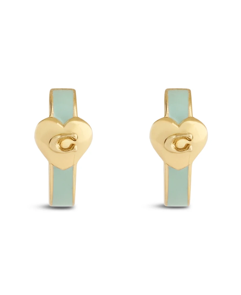 Coach Light Green Signature C Heart Enamel Huggie Earrings