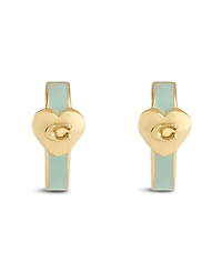 Coach Light Green Signature C Heart Enamel Huggie Earrings