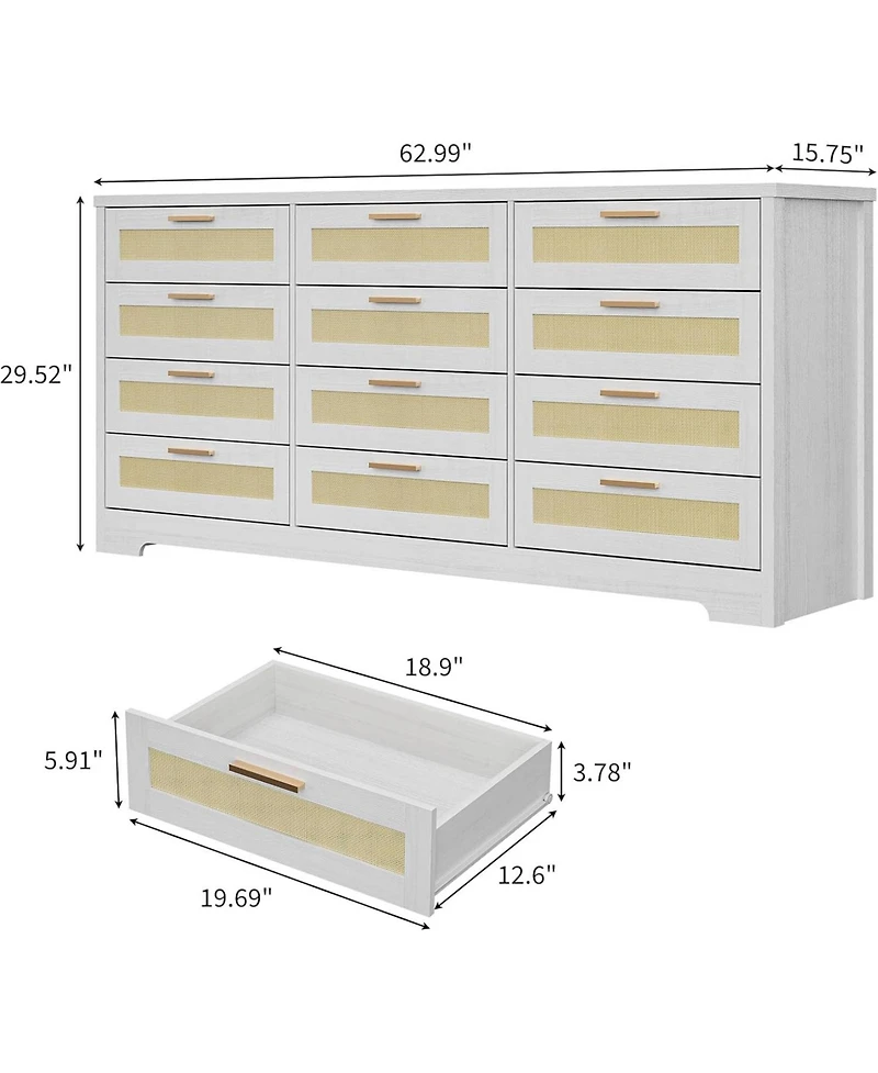 gaomon 12 Drawer Dresser for Bedroom, Wood Storage Organizer with Rattan Panel Drawers and Handles - Modern Rattan Chest of Drawers