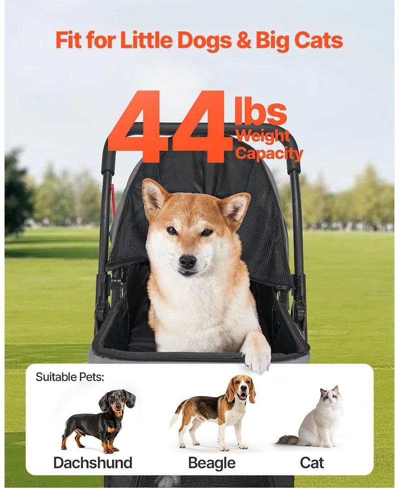 Pet Stroller 44 Lb Foldable 4-Wheel Dog Stroller with Reversible Handle