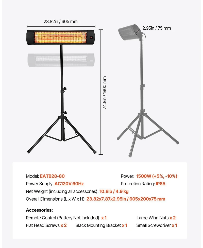 1500W Infrared Space Heater with 3 Heat Settings & Remote Control