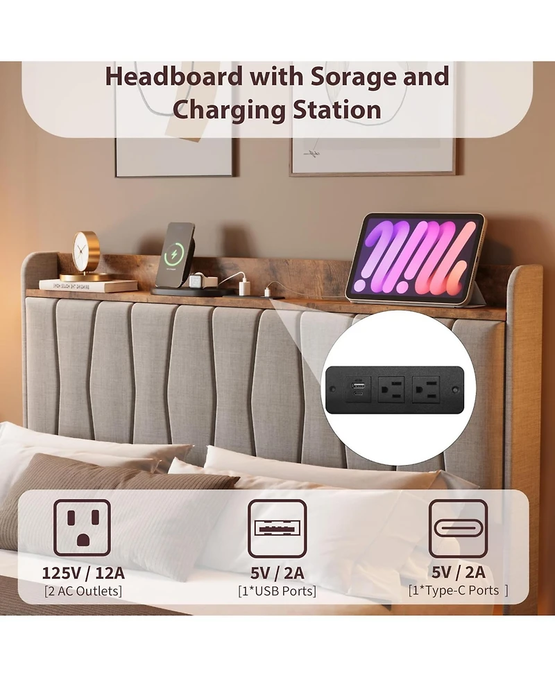 gaomon Floating Upholstered Platform Bed with Led Lights, Charging Station, Storage Headboard and Wood Slat Support