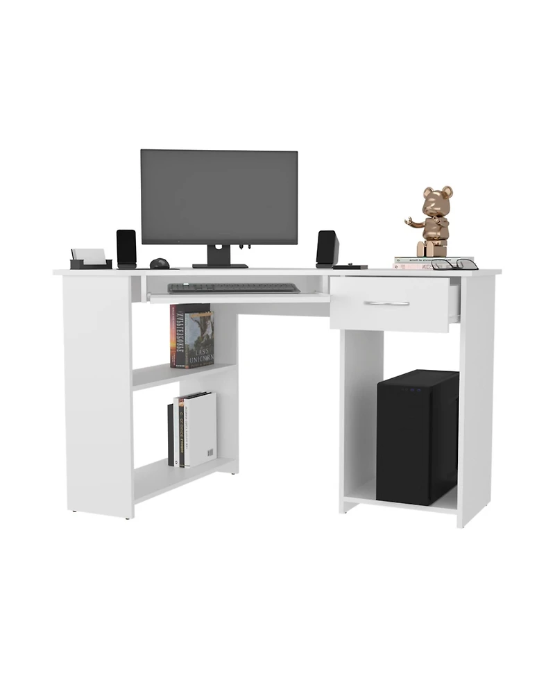 Fm Furniture Ekko Corner Computer Desk, L-Shaped Home Office Desk with Drawer, Shelves, and Cpu Space