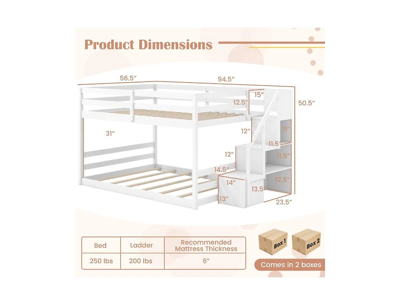 Slickblue Low Full Bunk Bed with Solid Wood and Storage Steps
