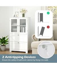 Volenca Freestanding Bathroom Storage Cabinet with 2 Drawers and 2 Frosted Glass Doors