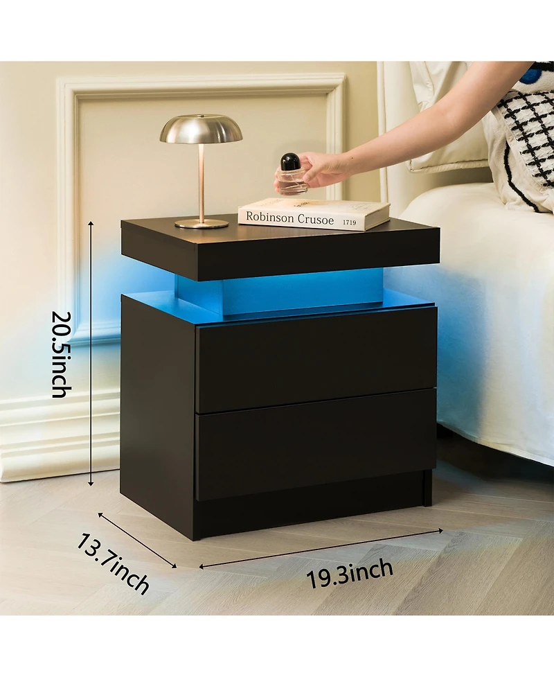 Rainsken Led Nightstand with 2 Drawers, Bedside Table Cabinet with Adjustable Color Lighting, Modern End Side Table for Bedroom