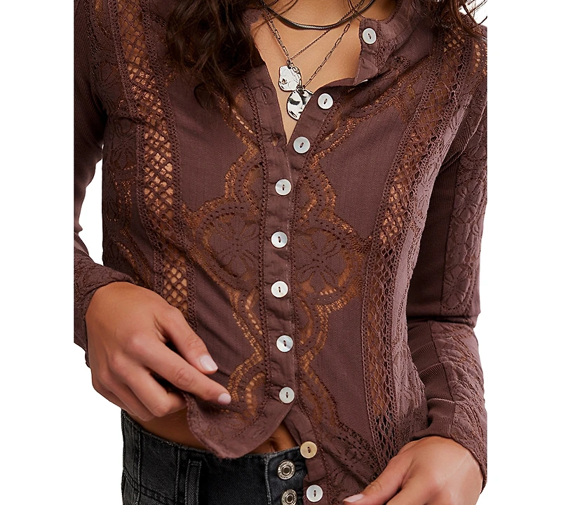 Free People Women's Button-Front Long Sleeve Lace Top
