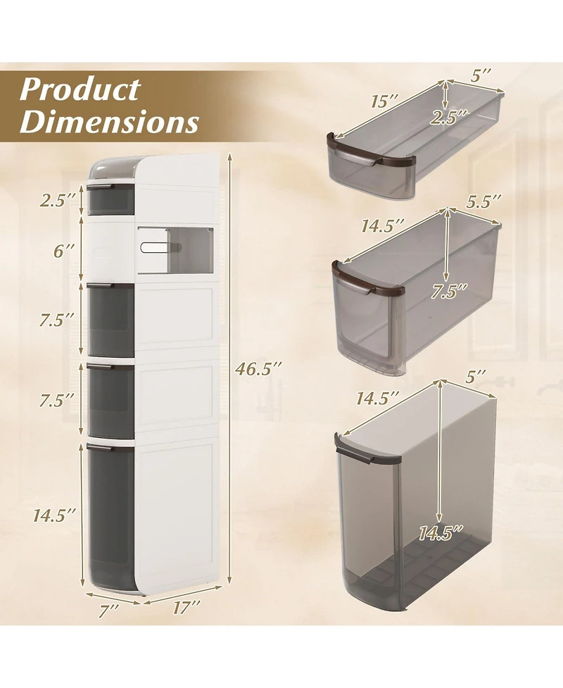 Volenca Narrow 6-Tier Bathroom Cabinet with Drawers and Built-In Tissue Box
