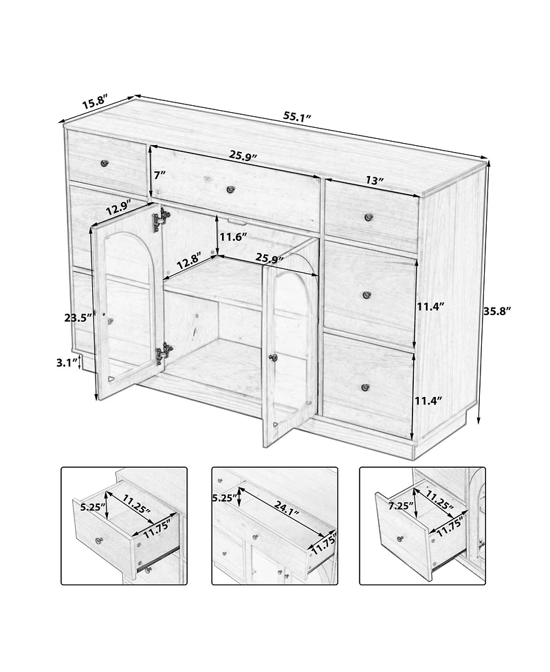 Boyel Living Large Storage Cabinet with 2 Doors and 7 Drawers for Living and Dining Room
