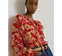 Lauren Ralph Women's Floral Ruffle Trim Split Neck Top