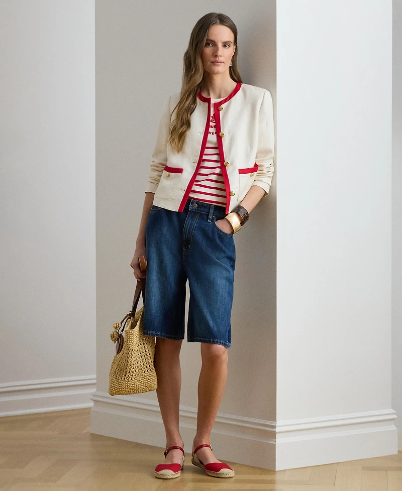 Lauren Ralph Women's Striped Embroidered Logo Crewneck T-Shirt