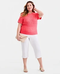 Style & Co Plus Short-Sleeve Cotton Pointelle Sweater, Macy's Exclusive