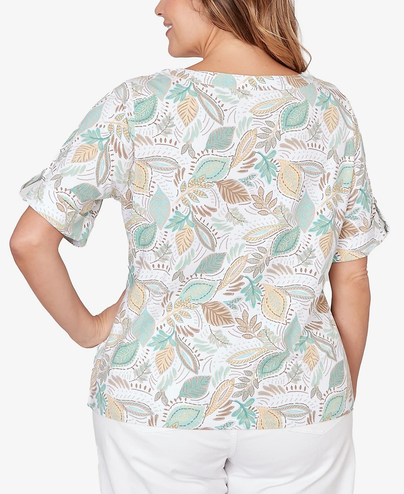 Hearts Of Palm Plus Printed Elbow Sleeve Banded V-Notch Top
