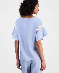 Anne Klein Women's Linen-Blend Flutter-Sleeve Lace-Trim Top