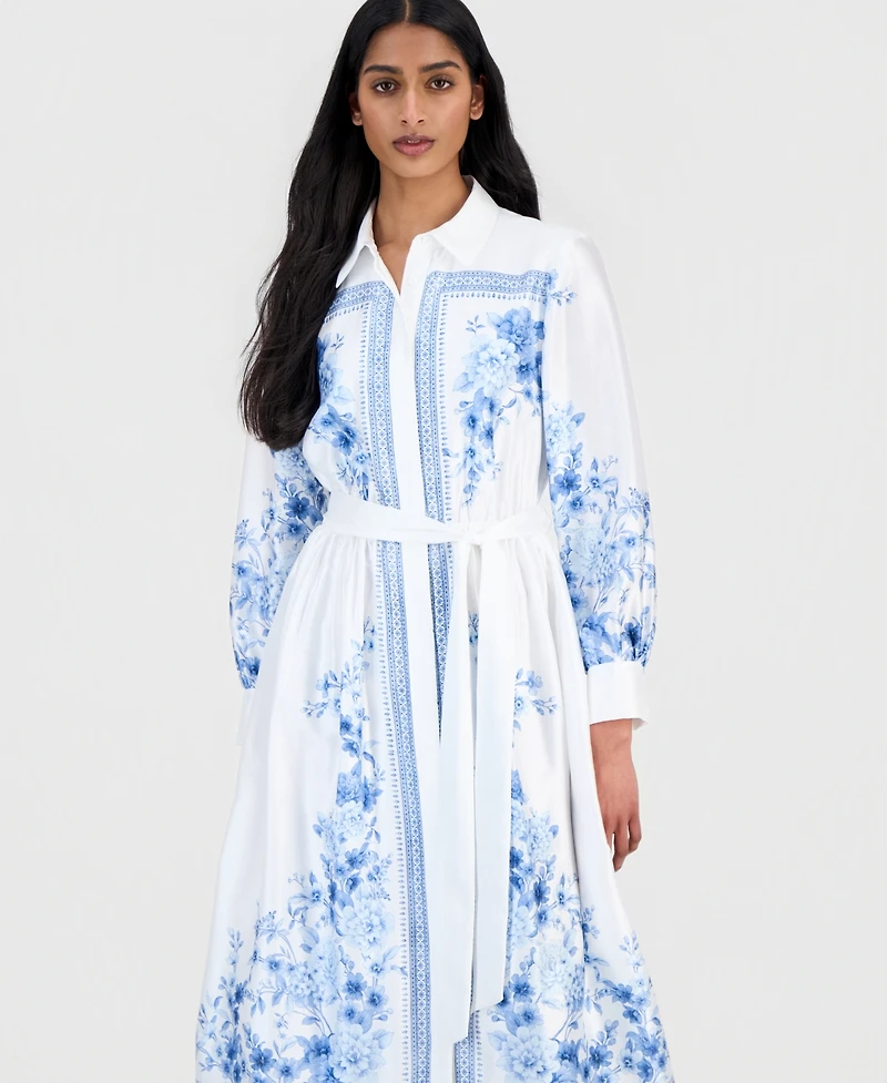 Anne Klein Women's Printed Tie-Waist Midi Shirtdress