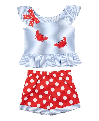 Rare Editions Girls' 2T-6X Crab Applique Top and Polka Dots Shorts, 2-Piece Set