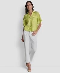 Dkny Women's Collared Neck Short Roll Tab Sleeve Shirt