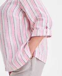 Charter Club Plus Linen Multi-Stripe Roll-Tab-Sleeve Top, Macy's Exclusive