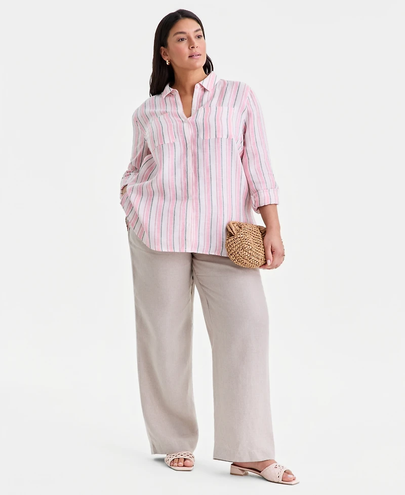 Charter Club Plus Linen Multi-Stripe Button-Front Shirt, Macy's Exclusive