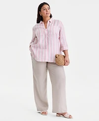 Charter Club Plus Linen Multi-Stripe Button-Front Shirt, Macy's Exclusive