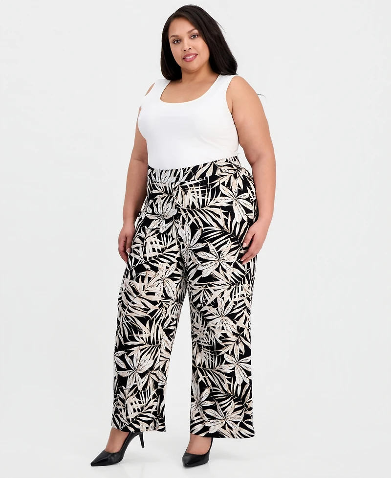 Kasper Plus Printed Pull-On Wide-Leg Ankle Pants