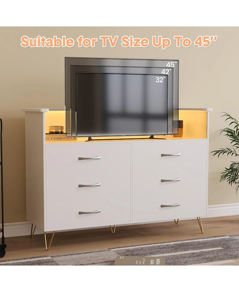 gaomon 6 Drawer Dressers for Bedroom,Dresser with Led Lights Power Outlet,6-Drawer Wooden Chest 2-Tier Open Shelf