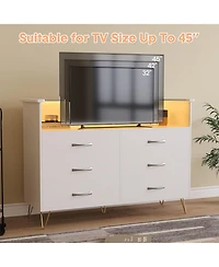 gaomon 6 Drawer Dressers for Bedroom,Dresser with Led Lights Power Outlet,6-Drawer Wooden Chest 2-Tier Open Shelf