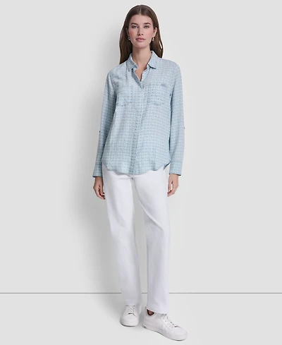 Dkny Jeans Women's Garment-Dye & Print Split-Back Button-Front Shirt