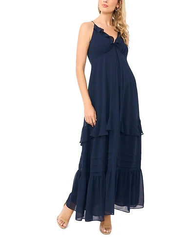 1.state Women's Ruffle Detail Babydoll Spaghetti Strap V-Neck Maxi Dress