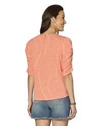 Democracy Petite Printed Ruched-Sleeve Scoop-Neck Top