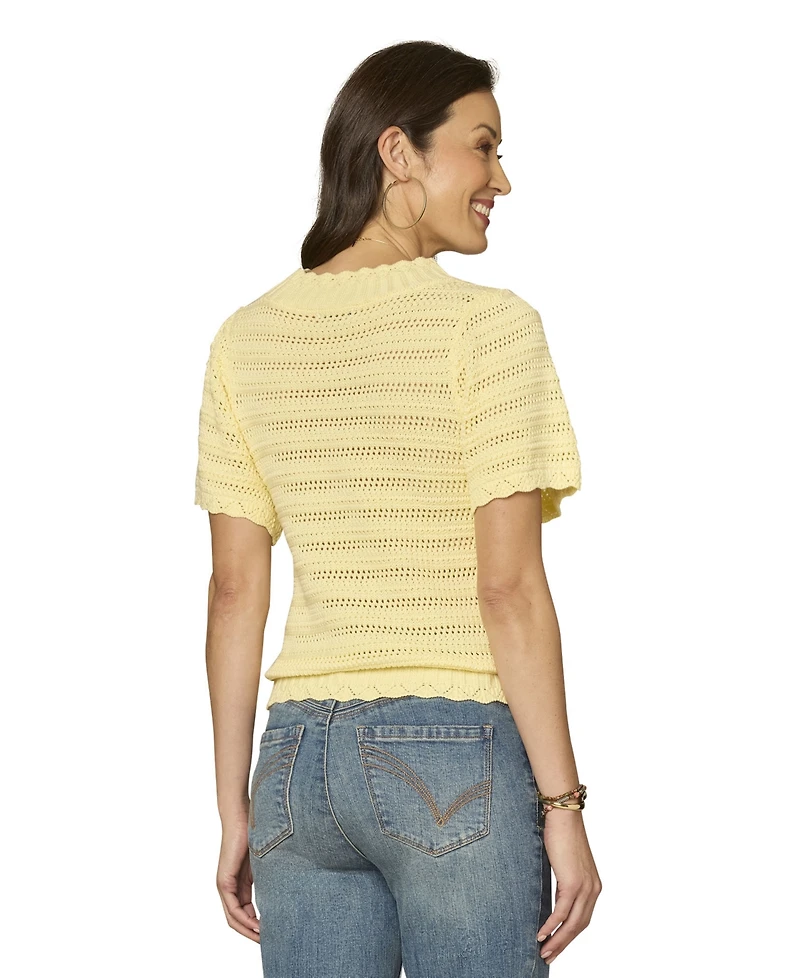 Democracy Petite Flutter Crochet Yoke Sweater