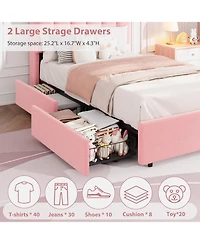 Gaomon Twin Size Boucle Upholstered Platform Bed with Wavy Headboard, Storage Bookcase, 2 Drawers, No Box Spring Needed