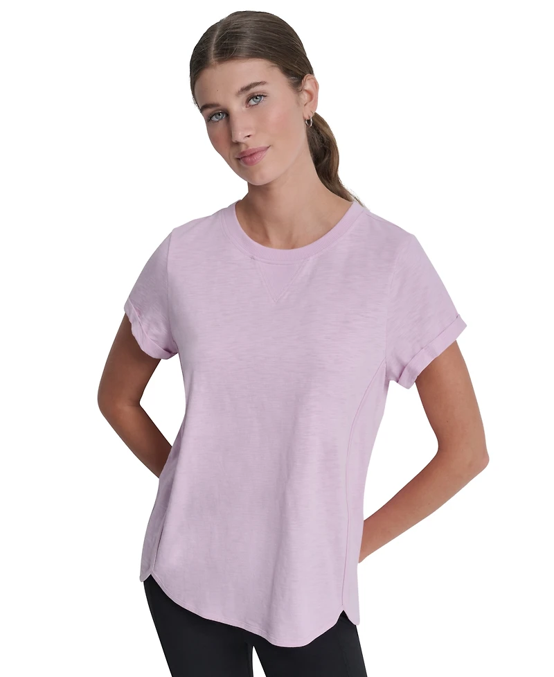 Dkny Sport Women's Embroidered Crewneck Logo Roll-Sleeve Top