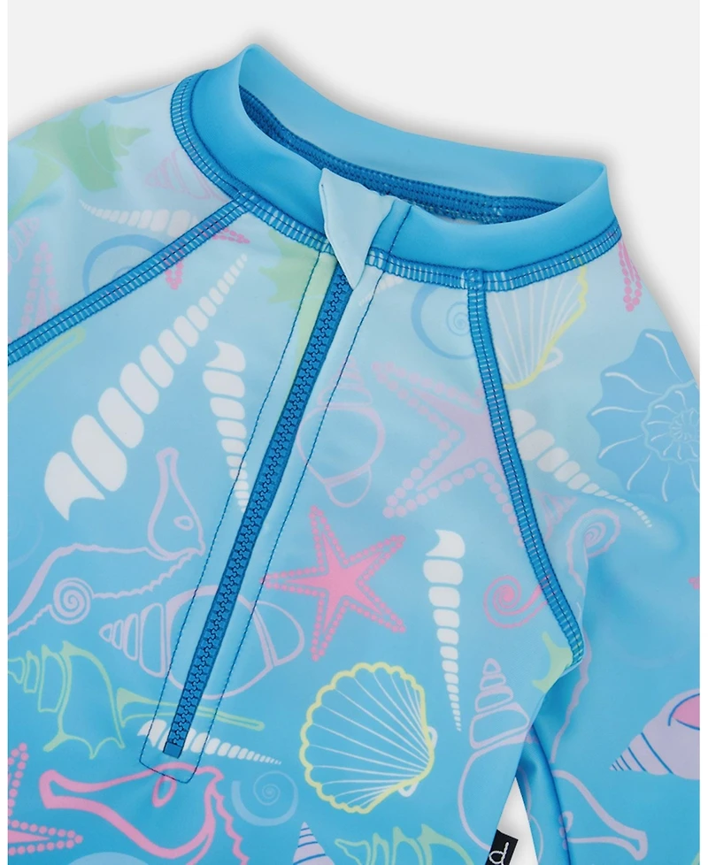 Deux par Deux Baby Girls One-Piece Long Sleeve Rashguard Blue Shell Print