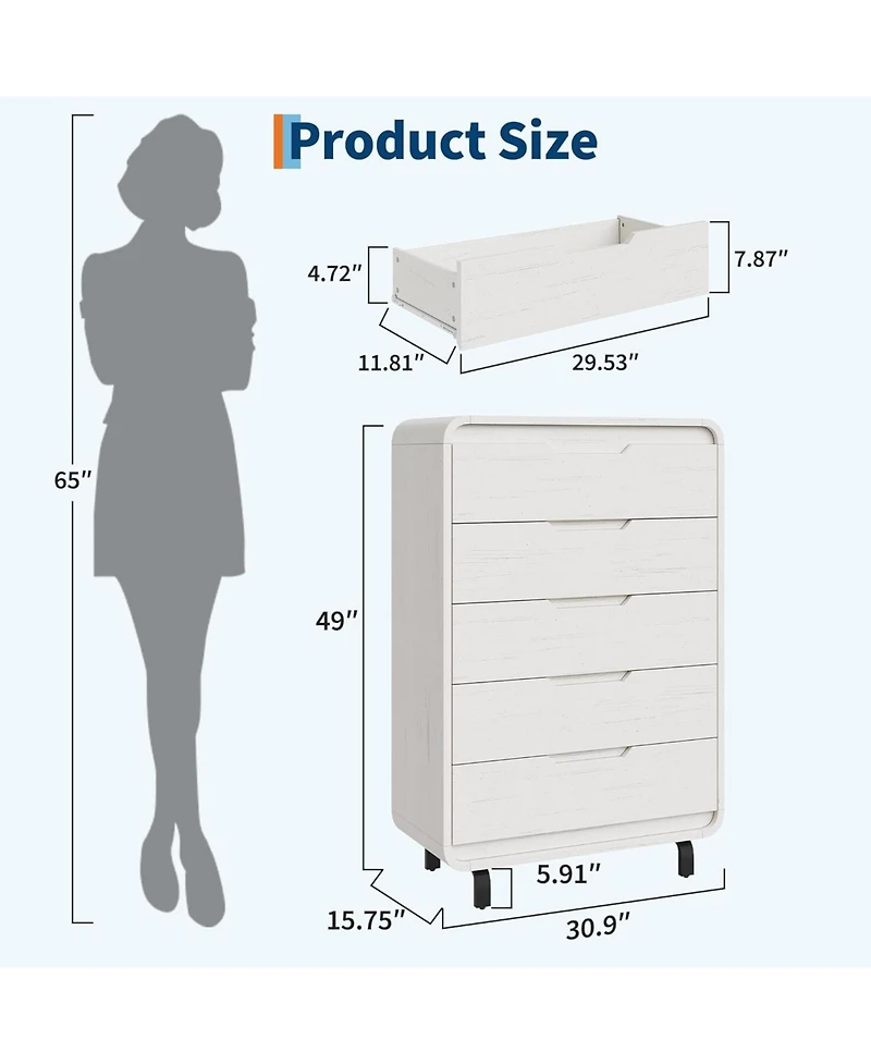 gaomon 5 Drawers Dresser for Bedroom, 48" Tall Modern Wooden Clothes Dresser with Large Wood Storage, Chest of Drawers for Living Room, Hallway