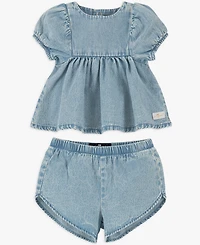 7 For All Mankind Baby Girls' Balloon Sleeve Top and Denim Shorts, 2-Piece Set