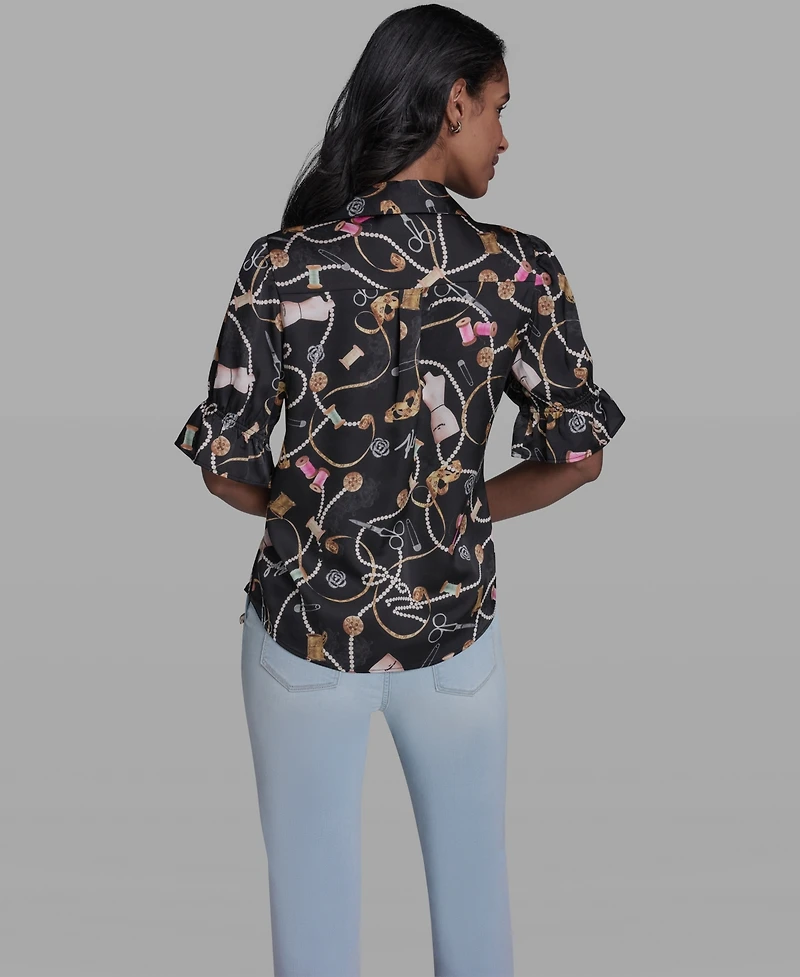 Karl Lagerfeld Paris Women's All-Over Printed Button Front Blouse