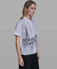 Karl Lagerfeld Paris Women's Collared Short-Sleeve Poplin Shirt