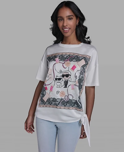 Karl Lagerfeld Paris Women's & Choupette Frame Side Tie Crew Neck T-Shirt