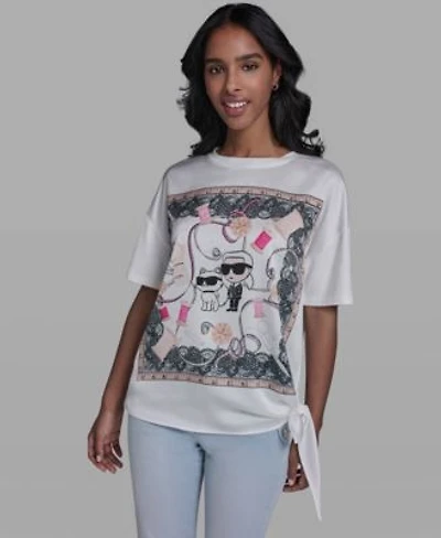 Karl Lagerfeld Paris Womens Karl Choupette Frame Side Tie Crew Neck T Shirt