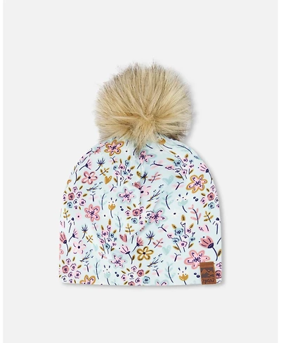 Deux par Deux Baby Girls Stretch Jersey Hat Blue Mini Flower Print with Pompom