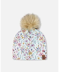 Deux par Deux Baby Girls Stretch Jersey Hat Blue Mini Flower Print with Pompom
