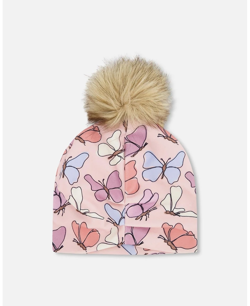 Deux par Girl Stretch Jersey Hat Pink Printed Butterflies with Pompom