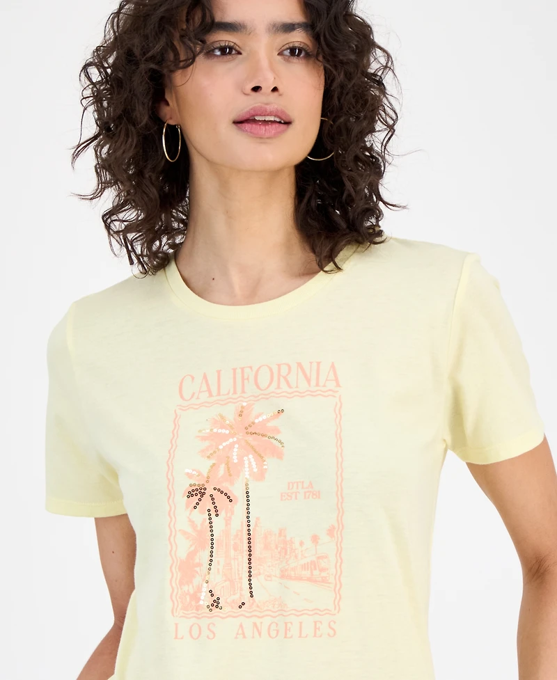 Rebellious One Juniors' California Sequin Graphic-Print Tee