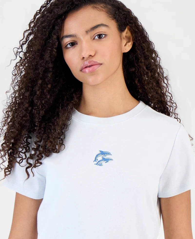 Freeze 24-7 Juniors' Dolphin Embroidered Crewneck T-Shirt