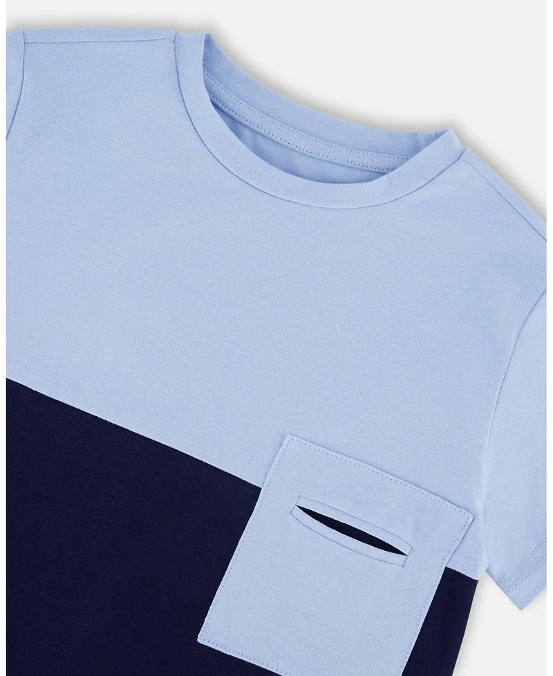 Deux par Big Boys Cotton Colorblock Jersey T-Shirt with Chest Pocket Dark Blue